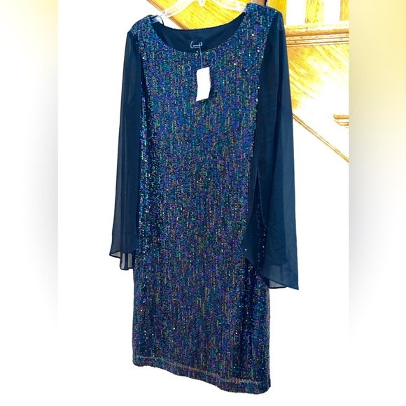 Women’s Formal Dress Navy CONNECTED APPAREL Chiffon Long Sleeves Sheath Sequins - Picture 7 of 9